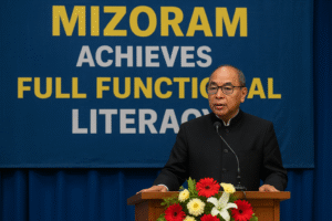 Hon’ble Chief Minister of Mizoram, Shri Lalduhoma, delivering a speech at a podium decorated with flowers, with a blue backdrop displaying the text "Mizoram Achieves Full Functional Literacy."