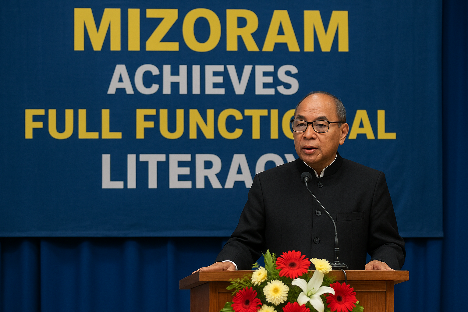 Hon’ble Chief Minister of Mizoram, Shri Lalduhoma, delivering a speech at a podium decorated with flowers, with a blue backdrop displaying the text "Mizoram Achieves Full Functional Literacy."