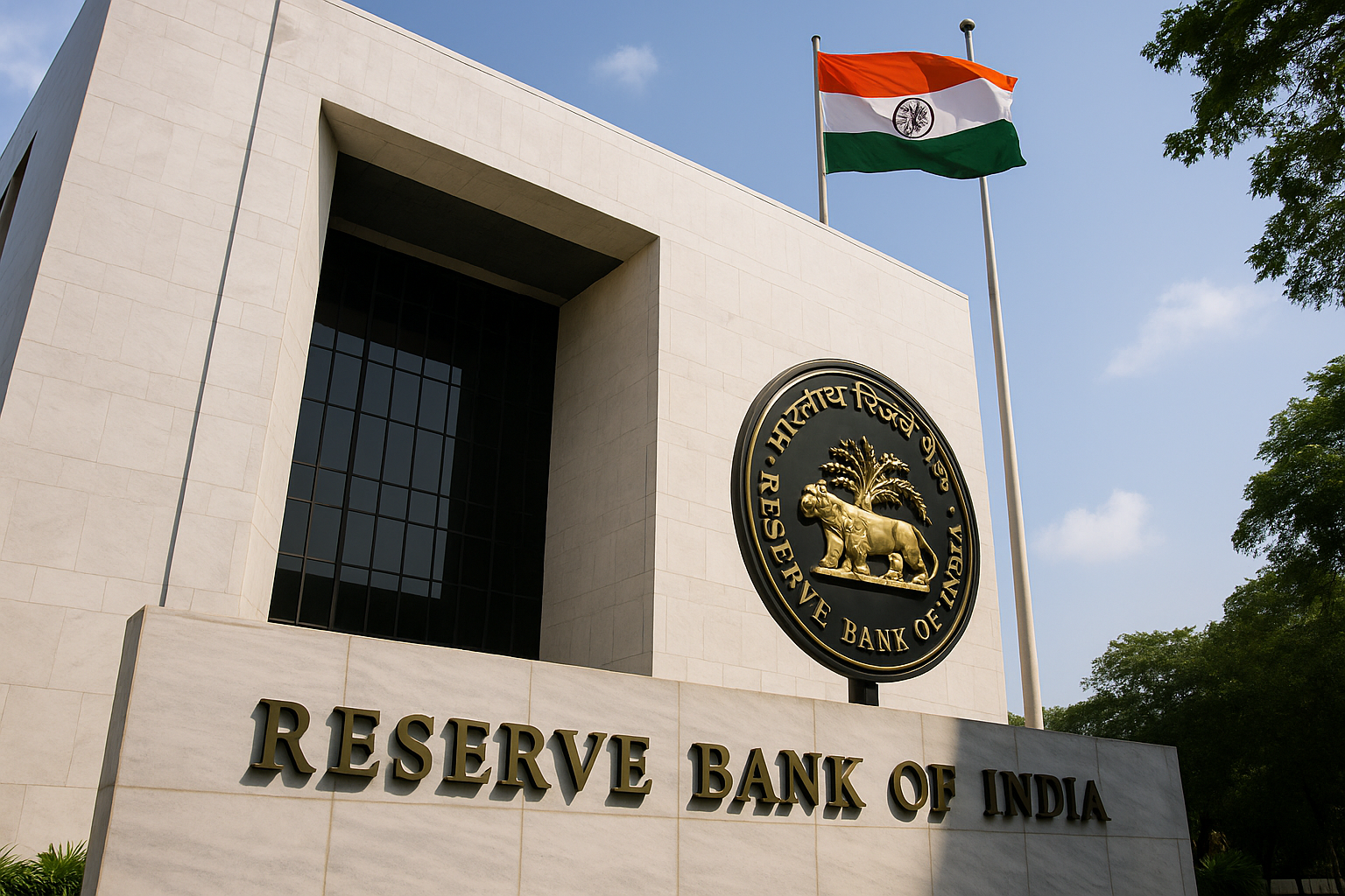 A high-resolution daytime photograph of the Reserve Bank of India (RBI) headquarters in Mumbai, featuring a modern white stone building with the official RBI emblem prominently displayed and the Indian national flag flying above.