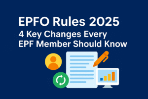 Illustration showing EPFO Rules 2025 with icons representing profile updates, PF transfers, and digital documentation.
