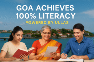 Goa achieves 100% literacy under ULLAS scheme – diverse learners reading and studying with Goa’s cityscape in the background