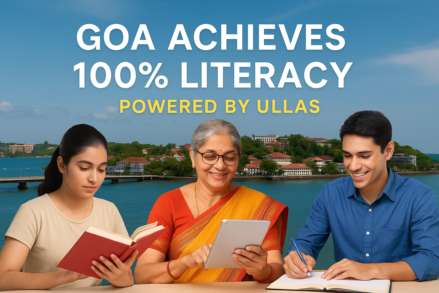 Goa achieves 100% literacy under ULLAS scheme – diverse learners reading and studying with Goa’s cityscape in the background