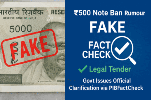 Digital graphic debunking ₹500 note ban rumour with a fake stamp and government fact-check confirmation.