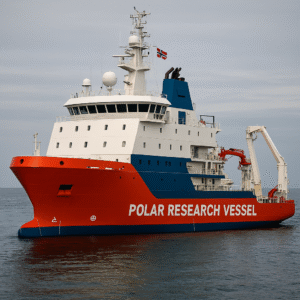 A modern Polar Research Vessel with a red and white hull sails on calm waters, featuring a Norwegian flag and advanced scientific equipment, representing India-Norway maritime collaboration.