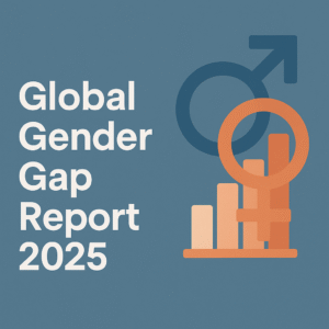 Global Gender Gap Report 2025 featured image showing gender symbols with a bar chart on a blue background.