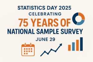 Statistics Day 2025 banner highlighting 75 Years of National Sample Survey with graphs and calendar icons.