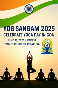 Yoga Day 2025 event in Goa – Yog Sangam at Pedem Sports Complex with students, officials, and locals participating.