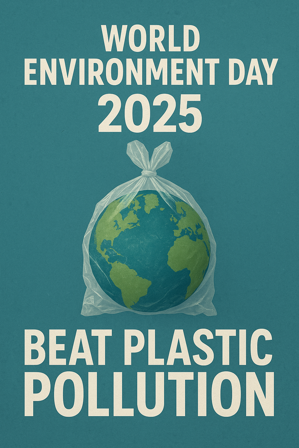World Environment Day 2025 poster with the Earth wrapped in a plastic bag, featuring the slogan "Beat Plastic Pollution."