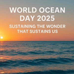 World Ocean Day 2025 banner with the theme 'Sustaining the Wonder That Sustains Us' over a serene ocean sunset.